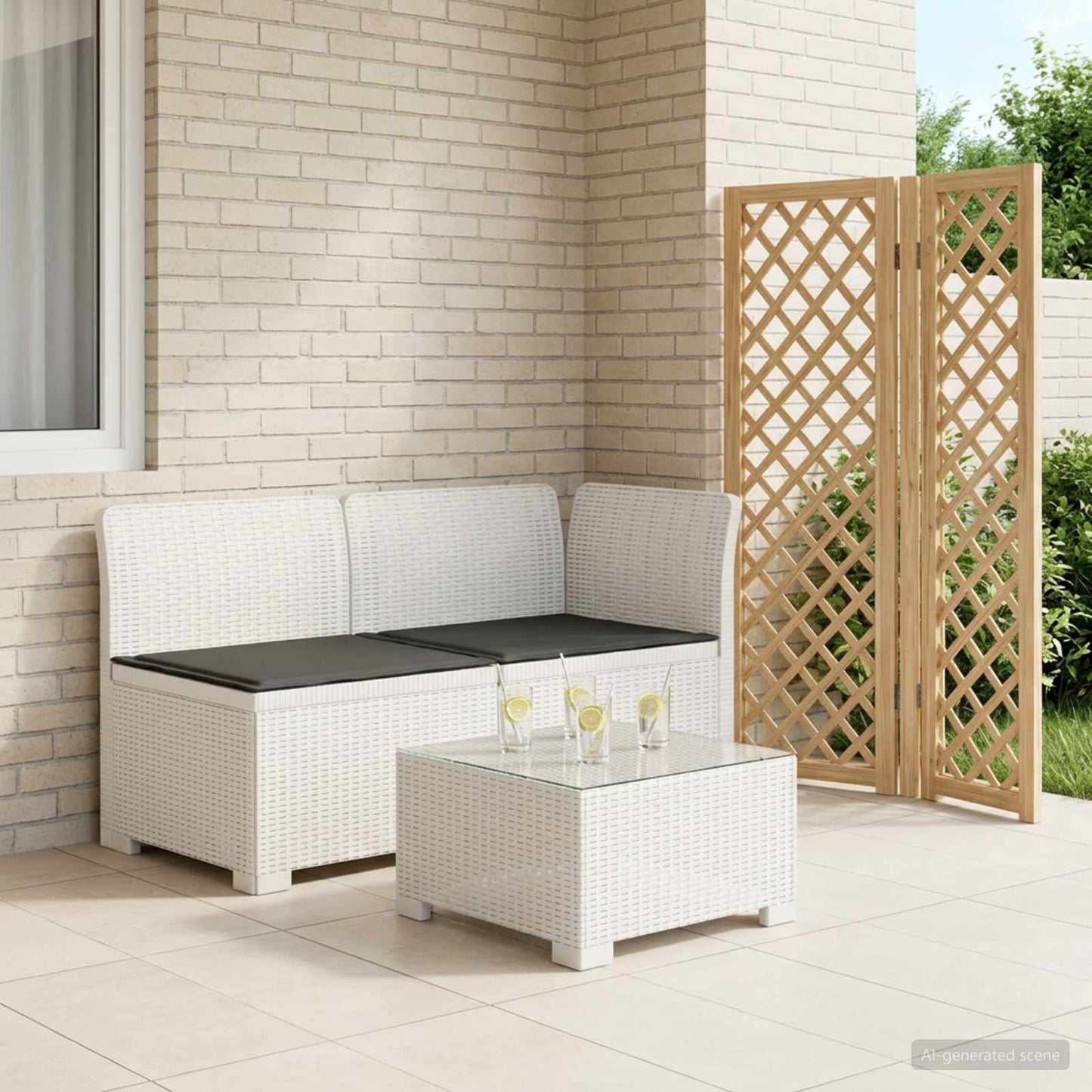 Tweedelige Tuinbank met Kussens Rattan Look PP Wit
