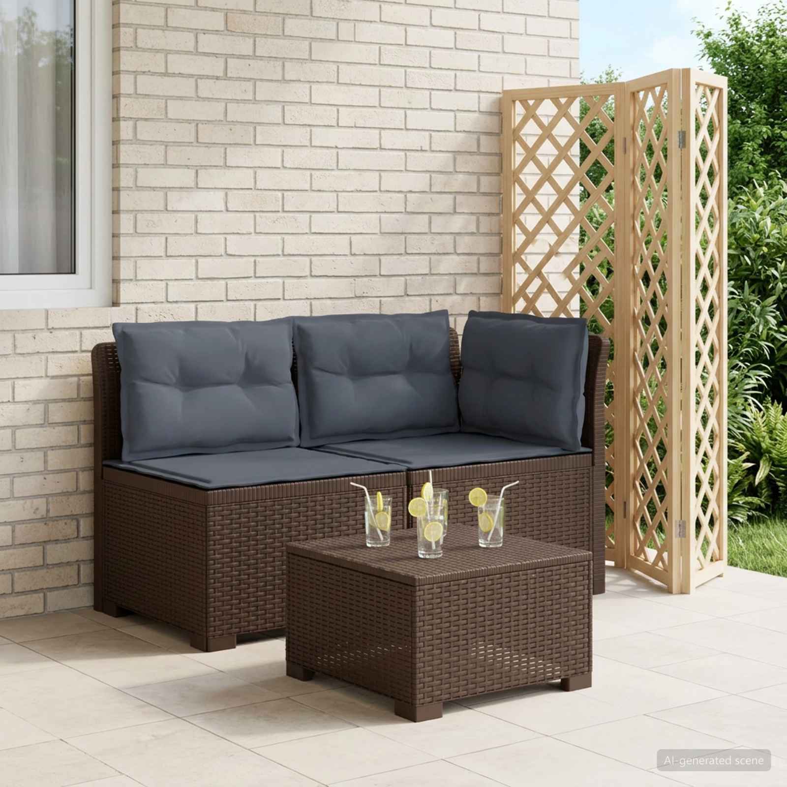Tweedelige Tuinbank met Kussens Rattan Look PP Bruin