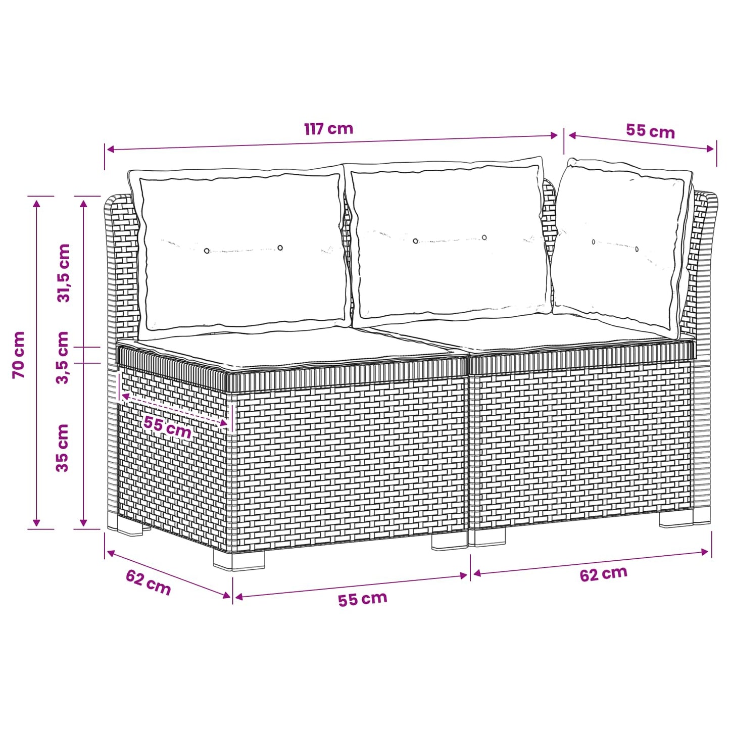 Tweedelige Tuinbank met Kussens Rattan Look PP Wit