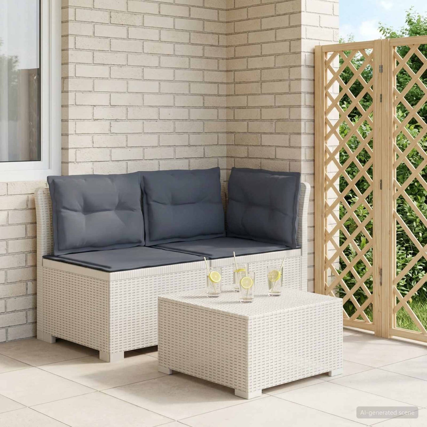 Tweedelige Tuinbank met Kussens Rattan Look PP Wit