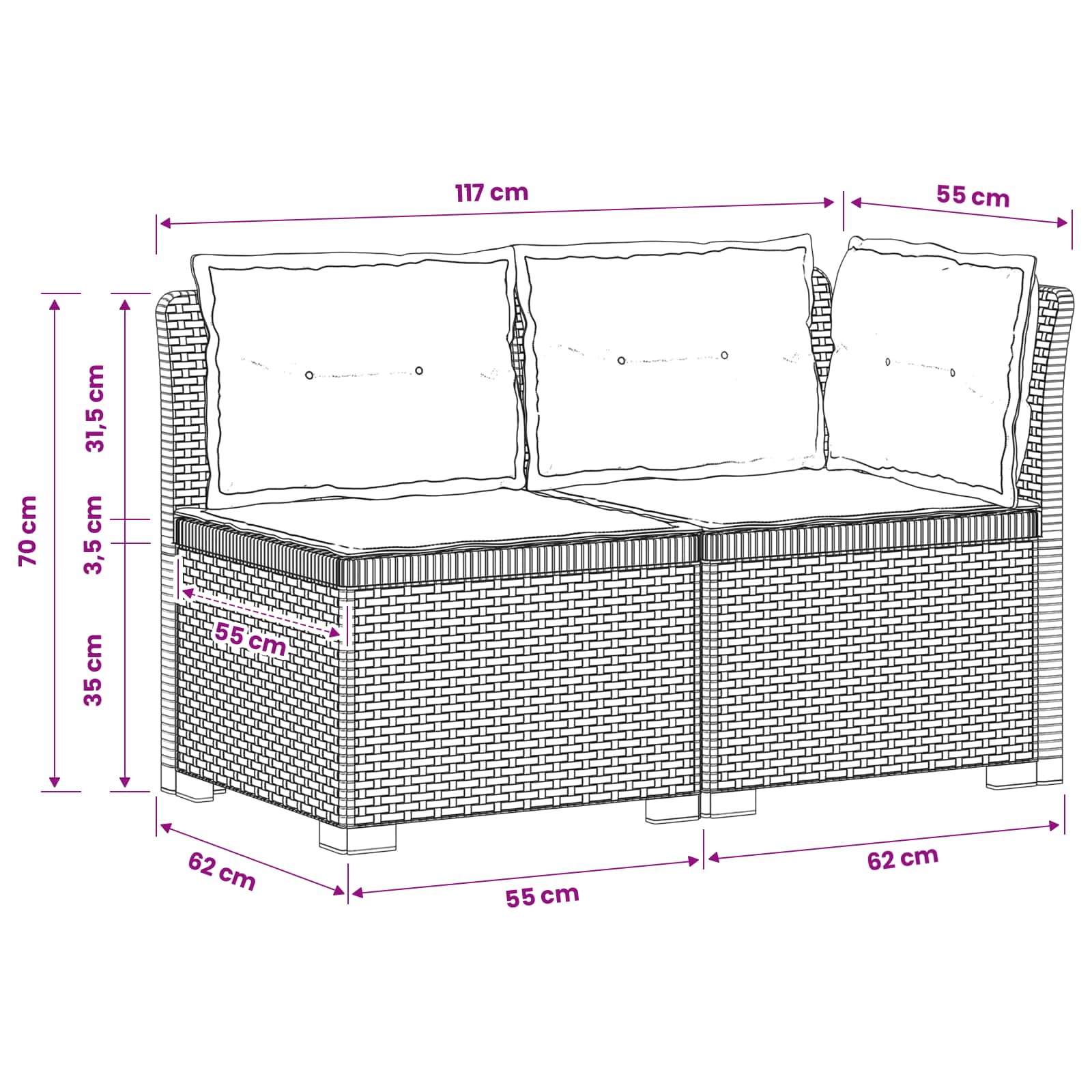 Tweedelige Tuinbank met Kussens Rattan Look PP Lichtgrijs