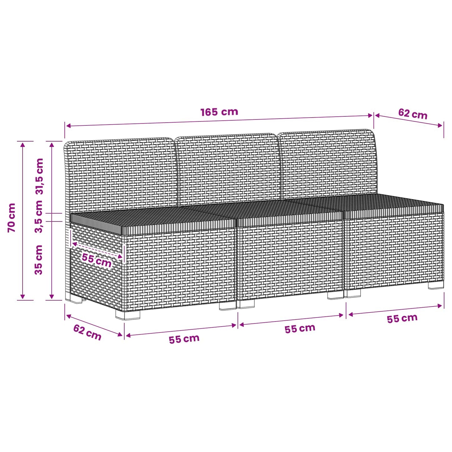3-zits Tuinbank in Rattan Look PP Bruin