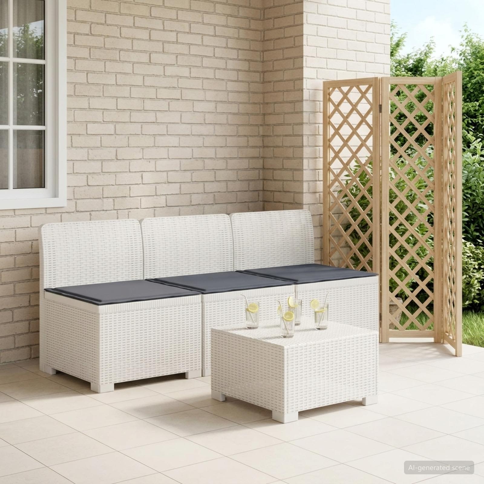 3-zits tuinbank met kussens in rattanlook PP Wit