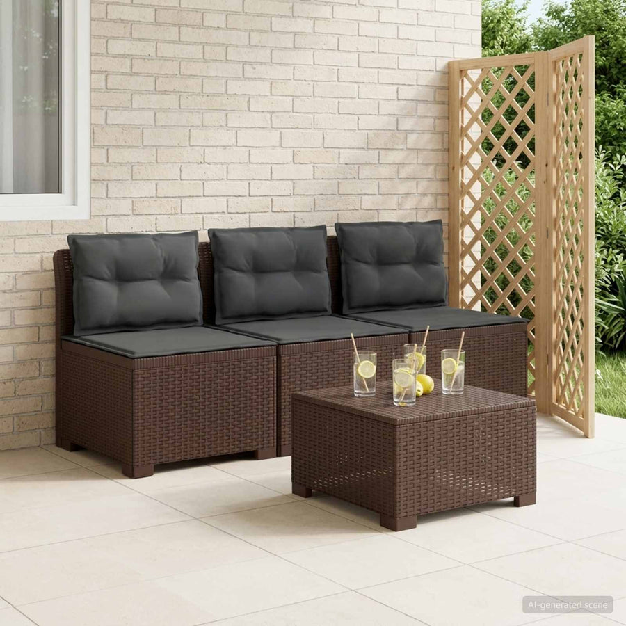 3-zits tuinbank met kussens in rattanlook PP Bruin