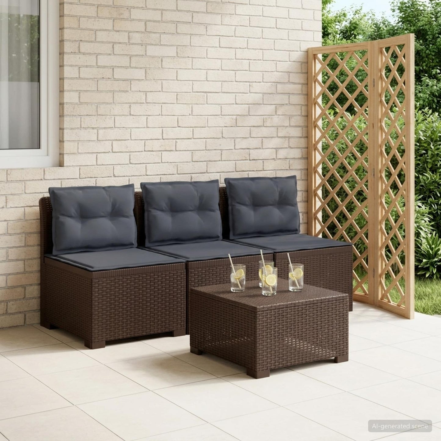 3-zits tuinbank met kussens in rattanlook PP Bruin