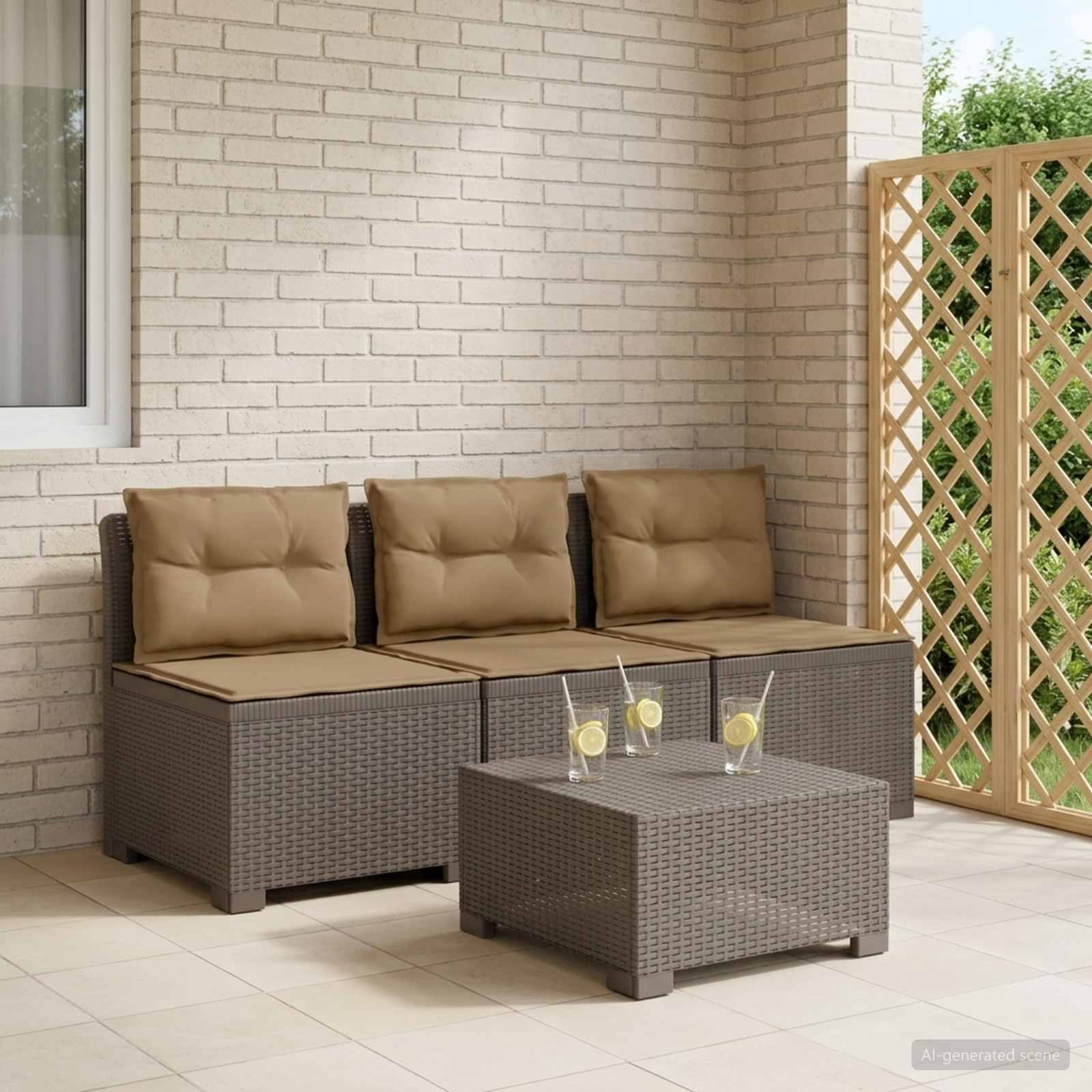 3-zits tuinbank met kussens in rattanlook PP Lichtgrijs