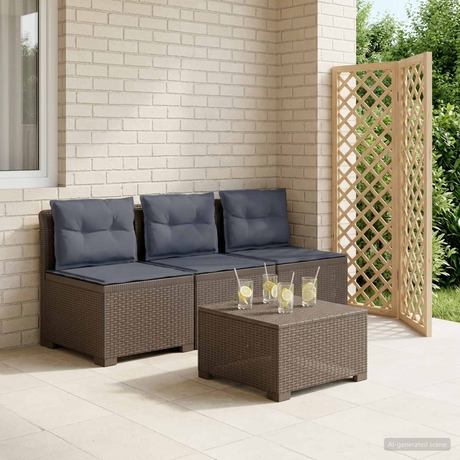 3-zits tuinbank met kussens in rattanlook PP Lichtgrijs