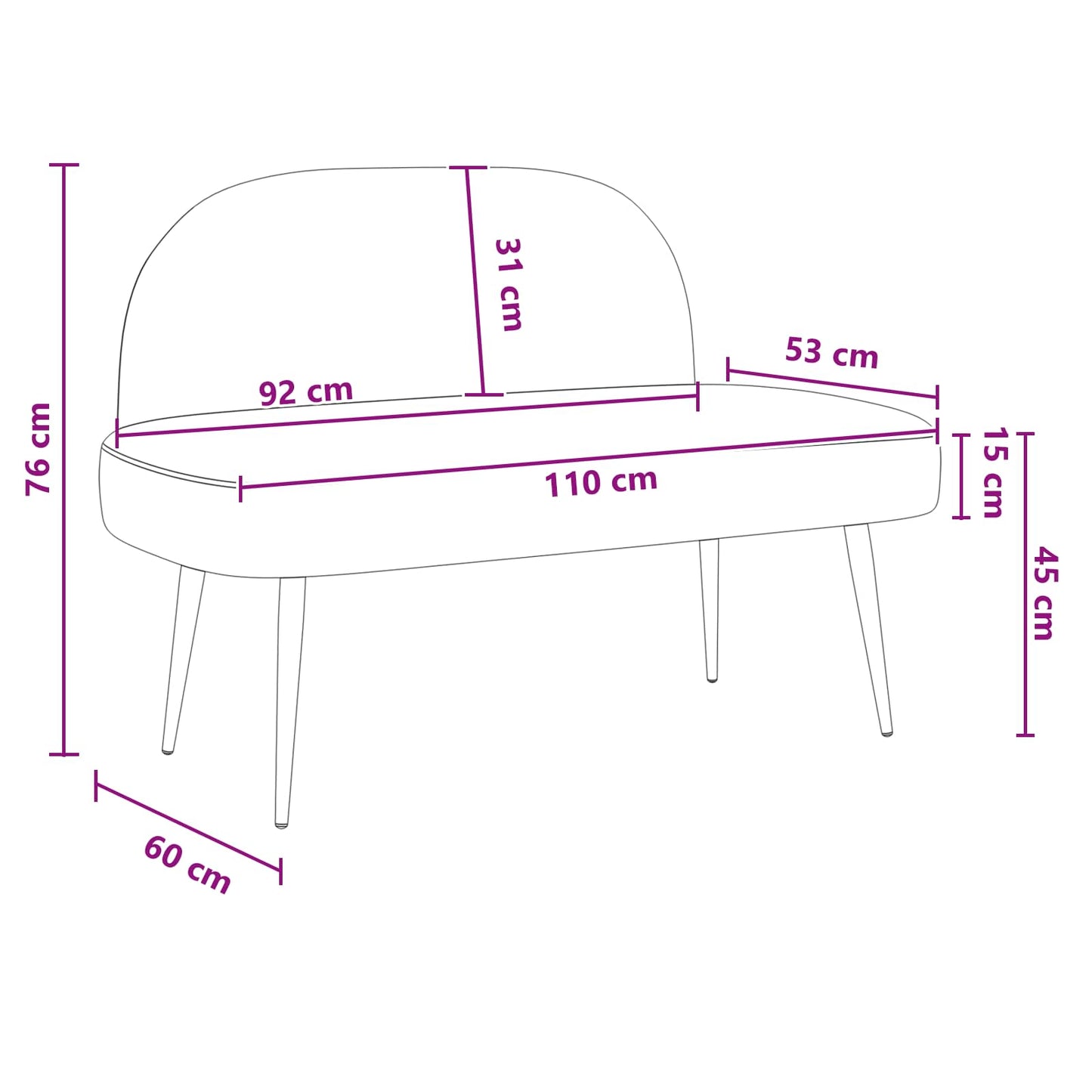 Beklede bank met rugleuning Zwart 110 x 60 x 76 cm Polyester