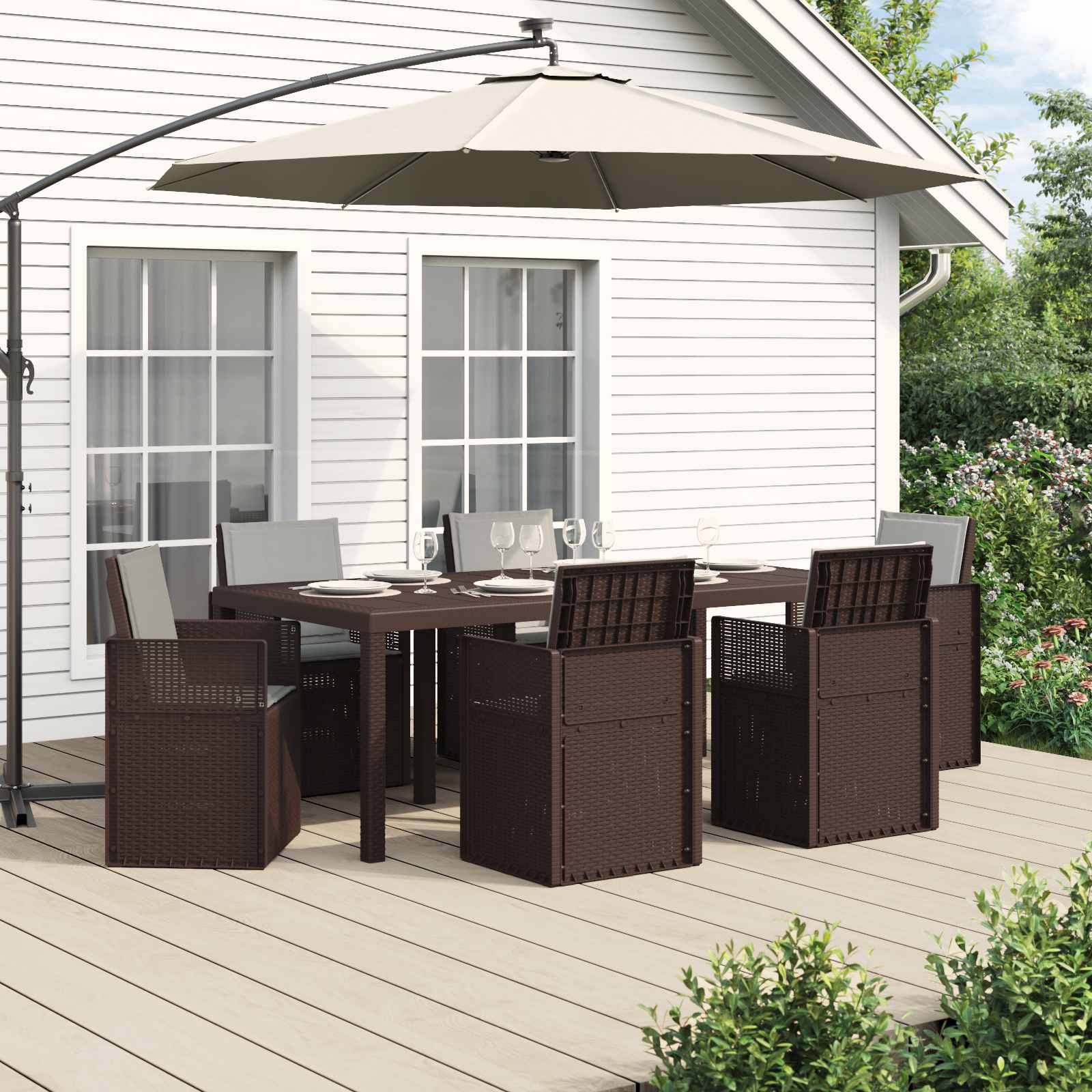 Tuin eettafelset met kussen 7 pcs Bruin en lichtgrijs PP