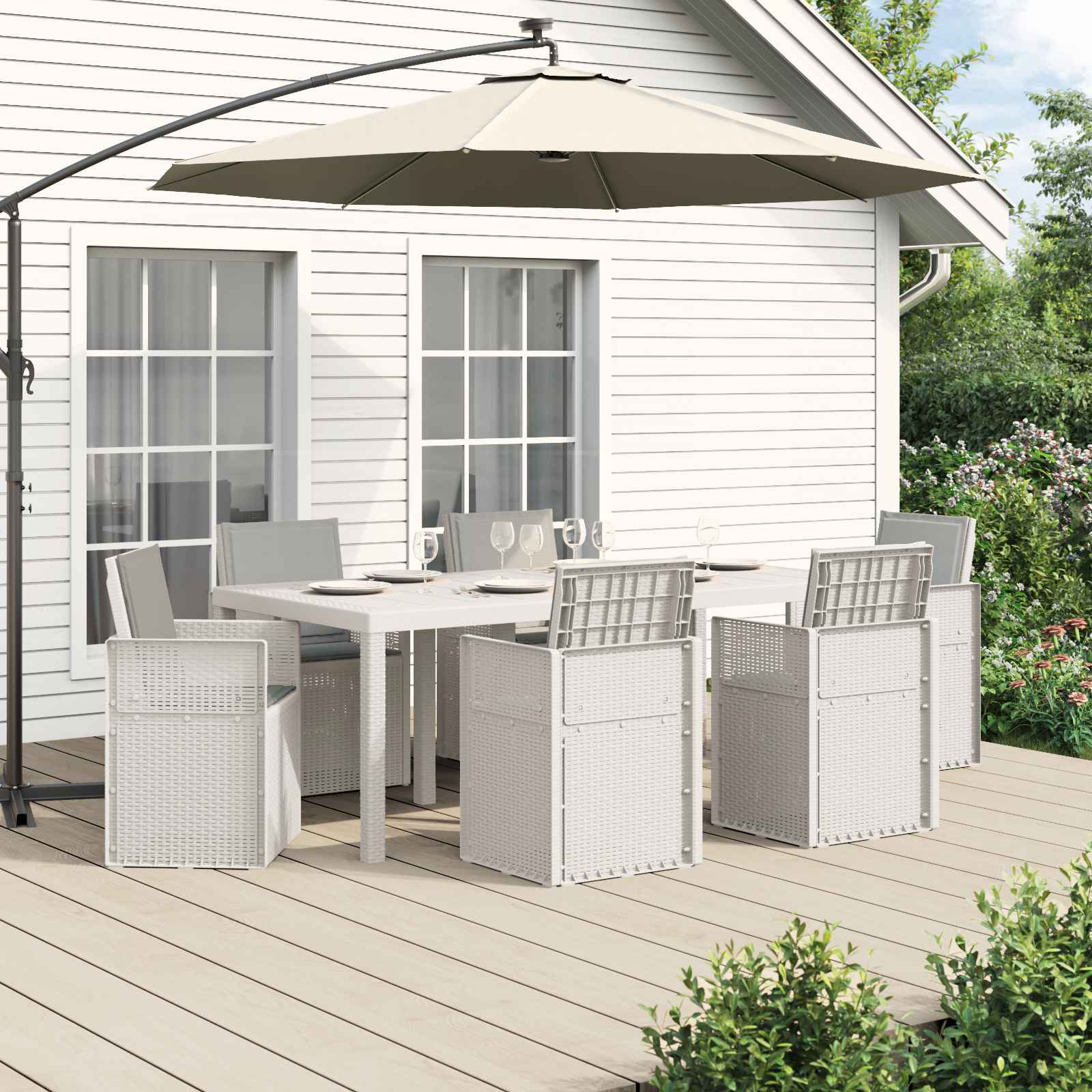 Tuin eettafelset met kussen 7 pcs Wit en Lichtgrijs PP
