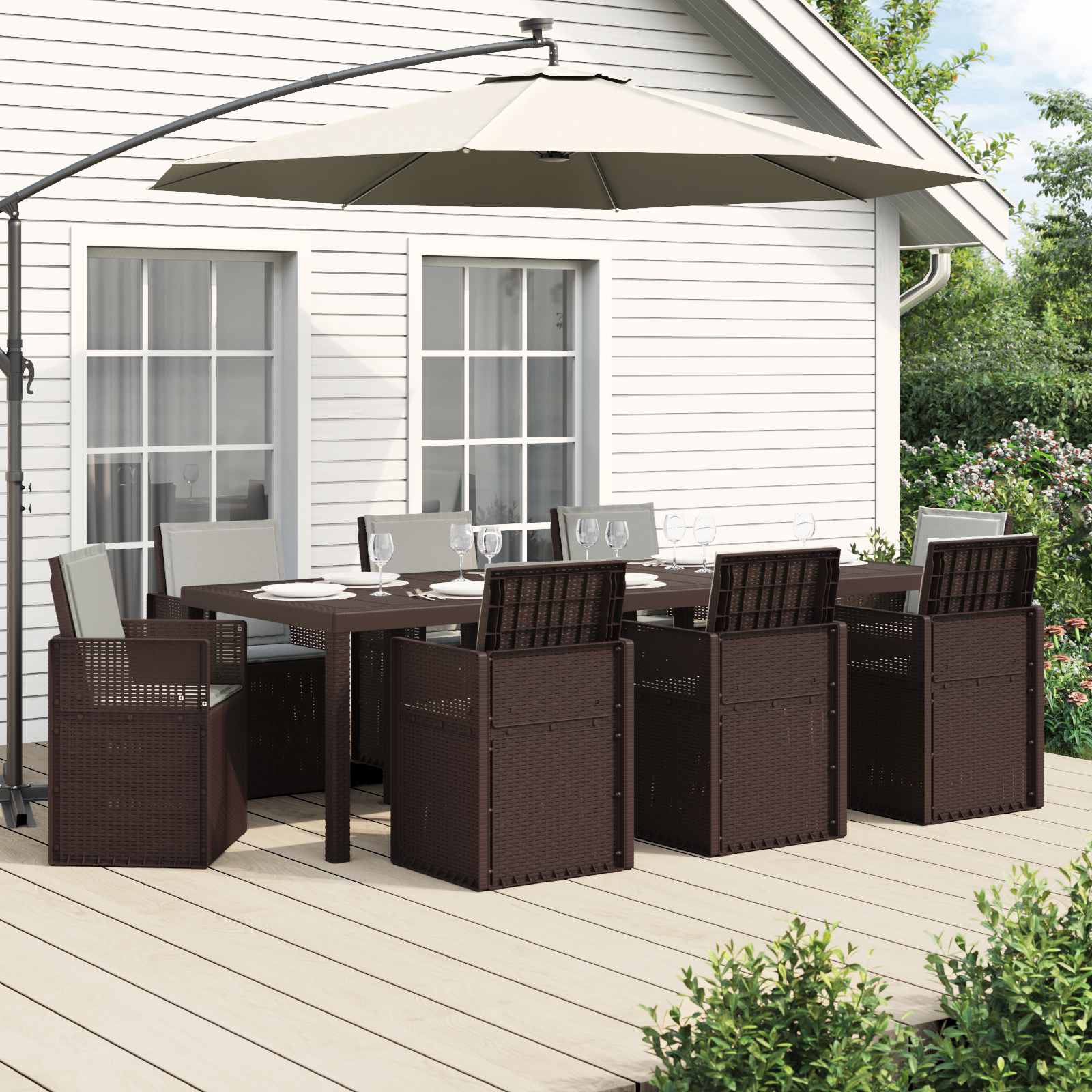 Tuin eettafelset met kussen 9 pcs Bruin en lichtgrijs PP