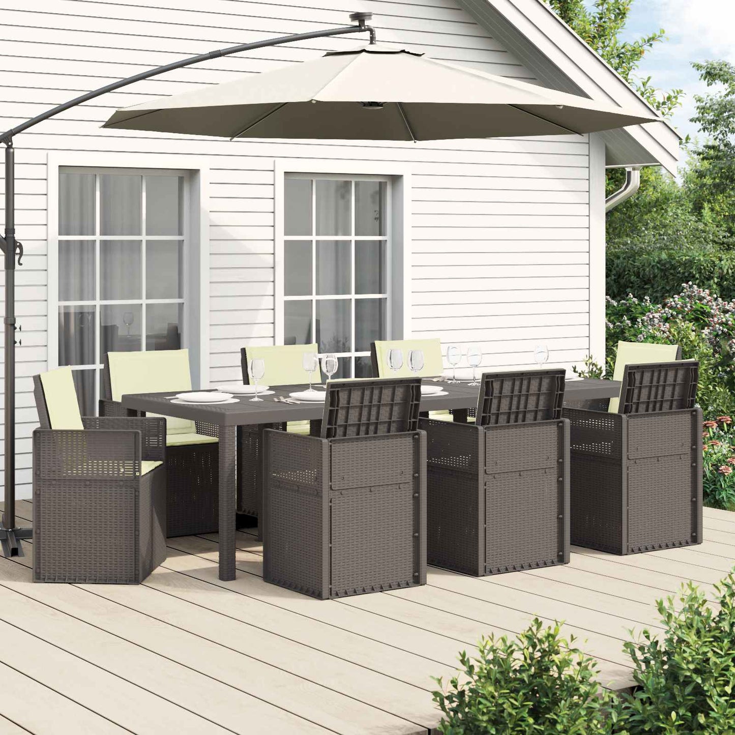 Tuin eettafelset met kussen 9 pcs Lichtgrijs en Crème PP