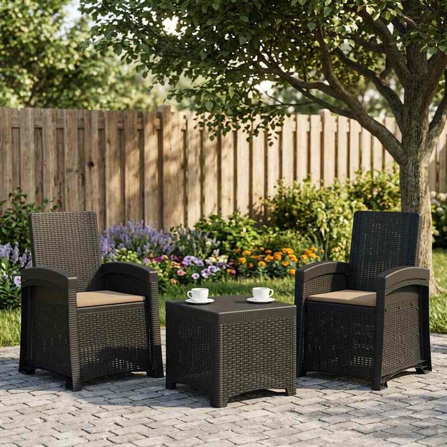 Ligstoel in rietenlook 2 pcs Antracietkleurig en taupe PP