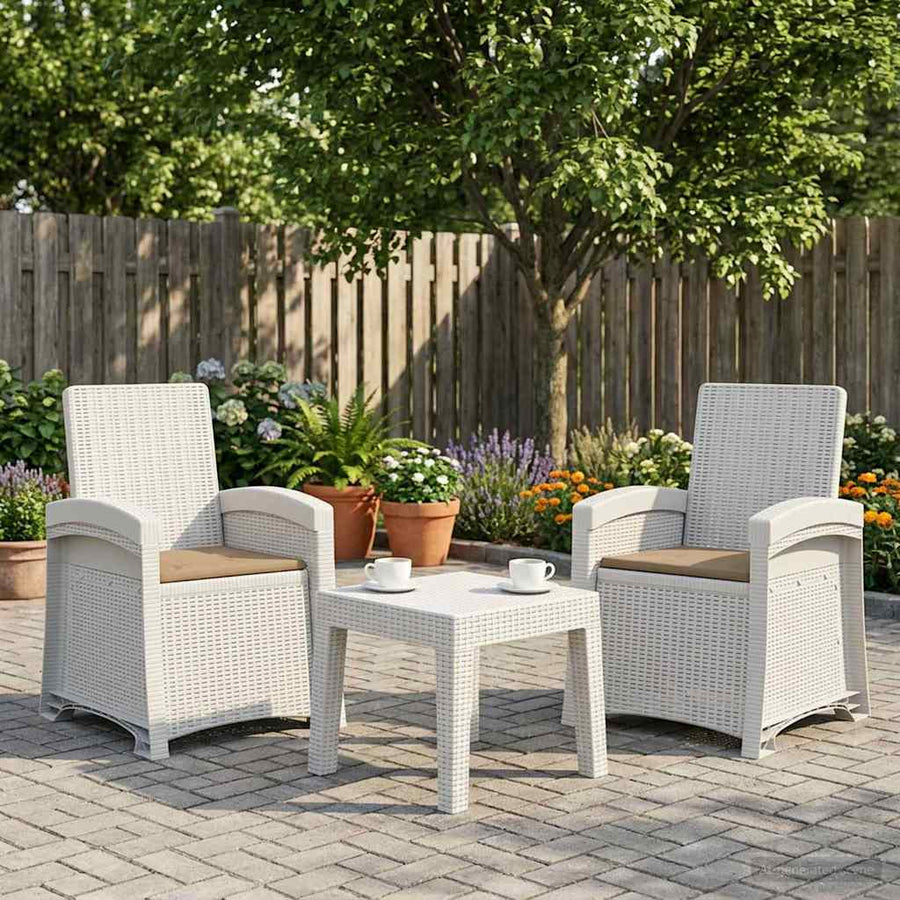 Ligstoel in rietenlook 2 pcs Wit en Taupe PP