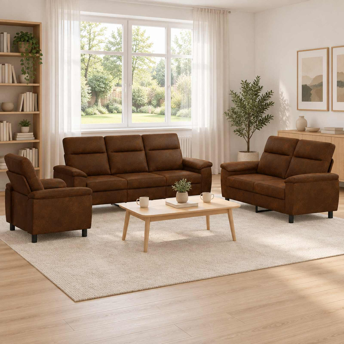 Bankstel 3 pcs Bruin Nep Suede Leer