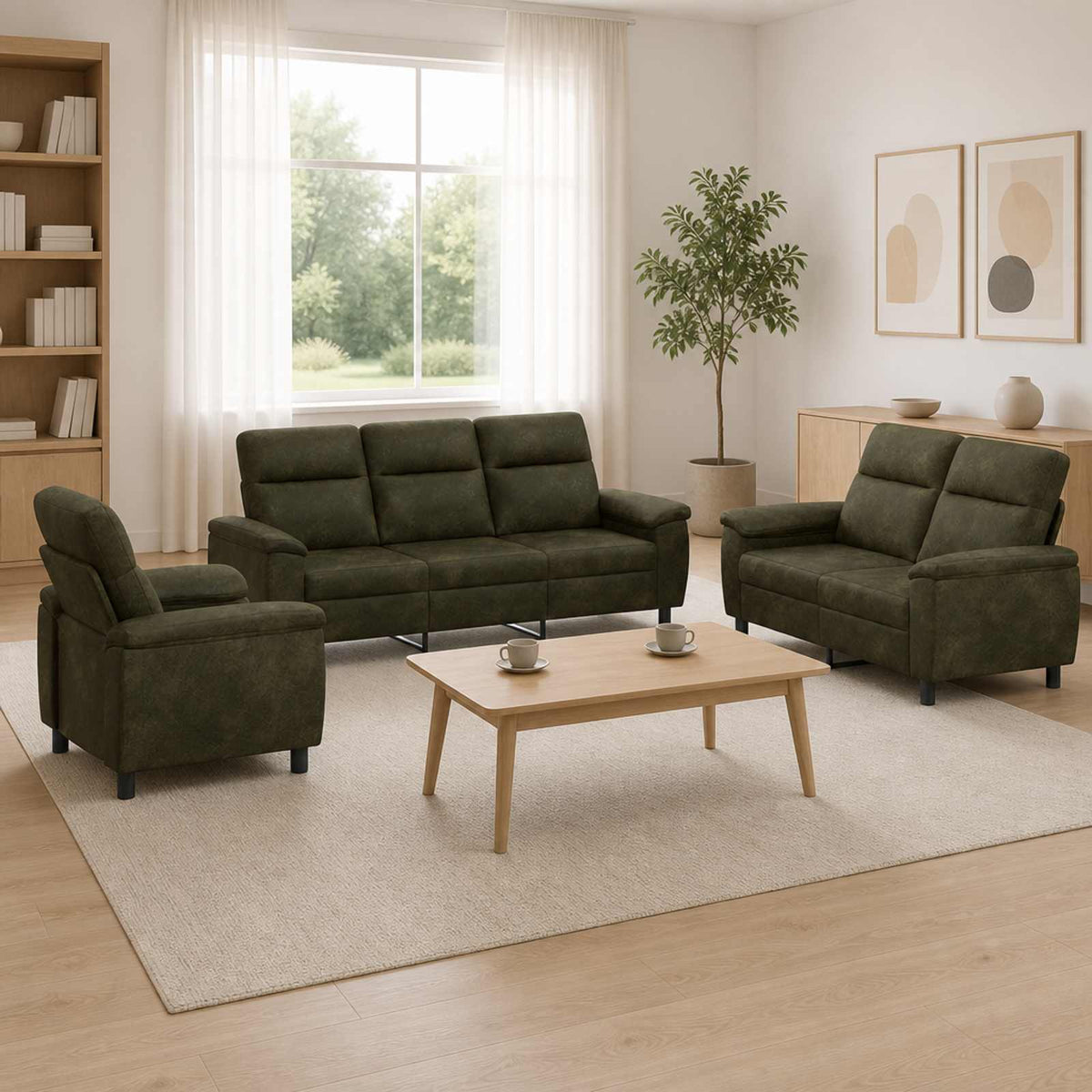 Bankstel 3 pcs Legergroen Nep Suede Leer