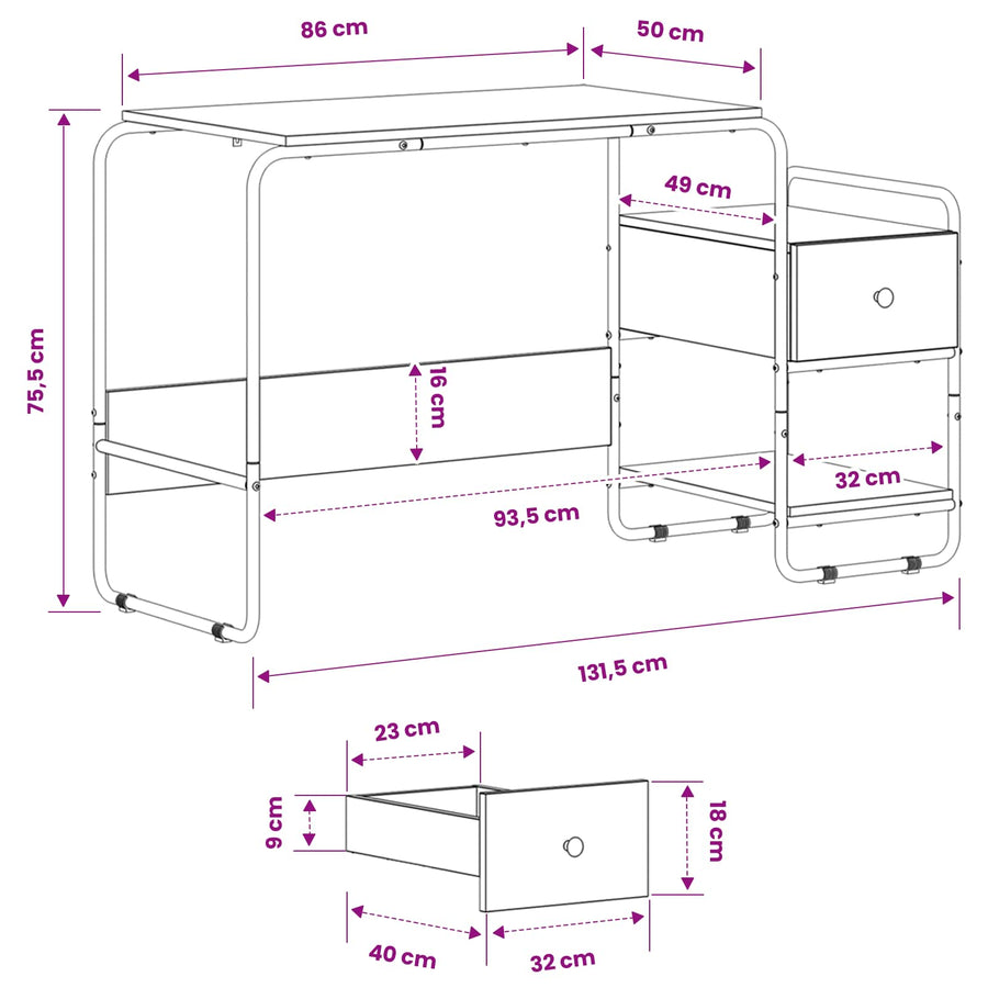 Bureau met opbergruimte Gerookt eiken 131,5 x 50 x 75,5 cm