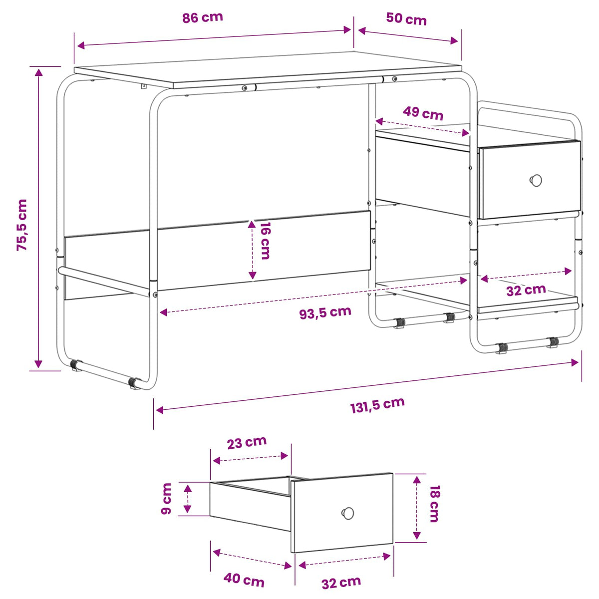 Bureau met opbergruimte Grijs Sonoma 131,5 x 50 x 75,5 cm
