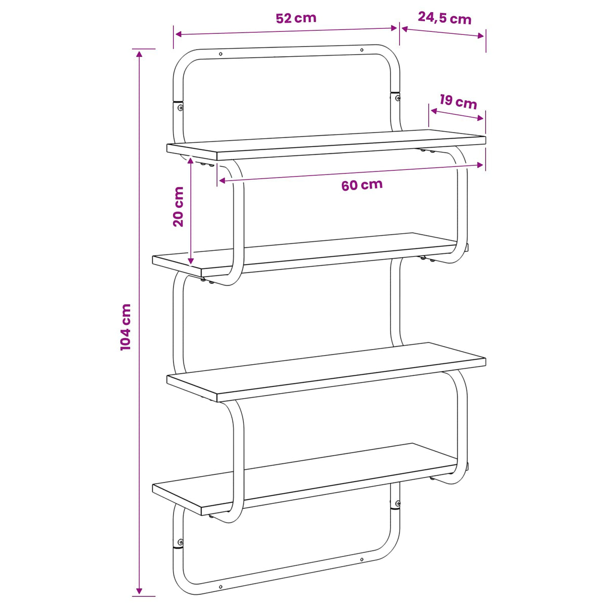 4-laags Wandplank Sonoma Eiken 60 x 24,5 x 104 cm Bewerkt hout
