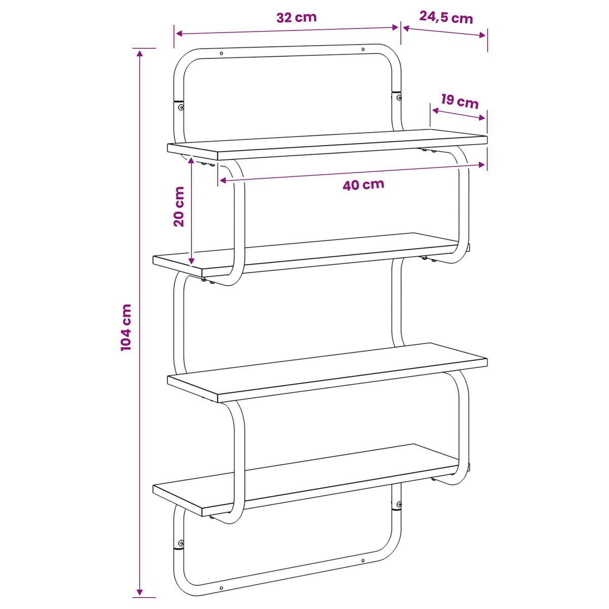 4-laags Wandplank Artisanaal eiken 40 x 24,5 x 104 cm
