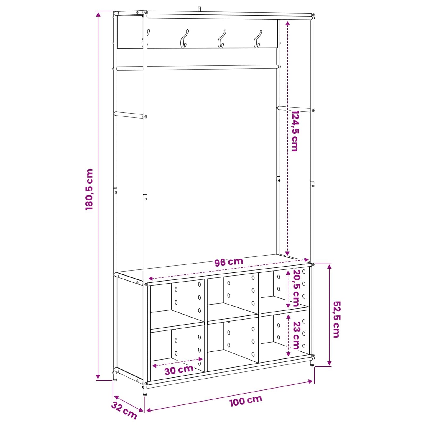Kapstok met schoenenbank Oud hout 100 x 32 x 180,5 cm