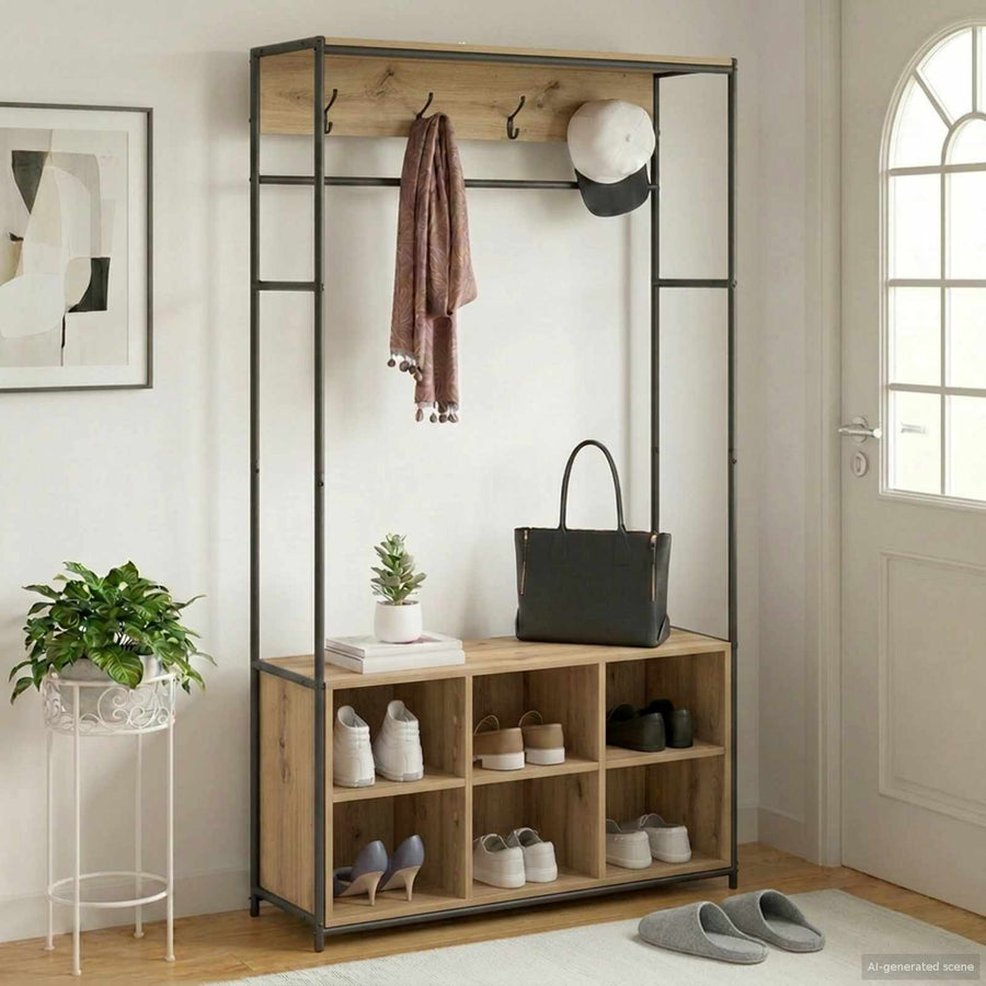 Kapstok met schoenenbank Artisanaal eiken 100 x 32 x 180,5 cm
