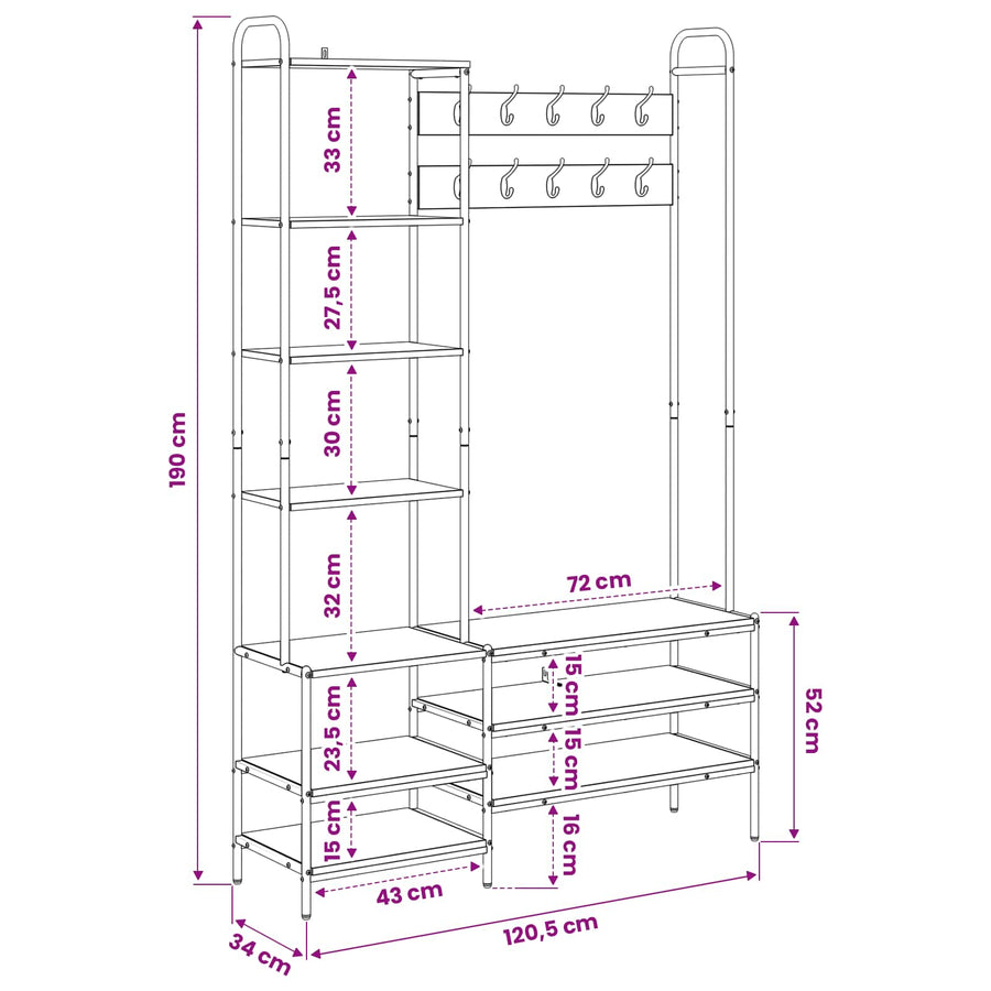 Kapstok met schoenenbank Sonoma Eiken 120,5 x 34 x 190 cm