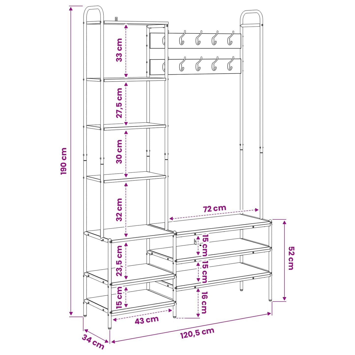 Kapstok met schoenenbank Artisanaal eiken 120,5 x 34 x 190 cm