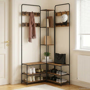 Kapstok met schoenenbank 143x30x199.5 cm oud hout staal