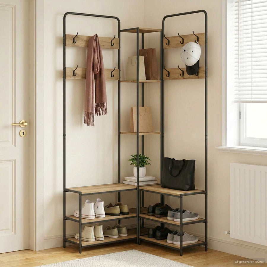Kapstok met schoenenbank Artisanaal eiken 143 x 30 x 199,5 cm