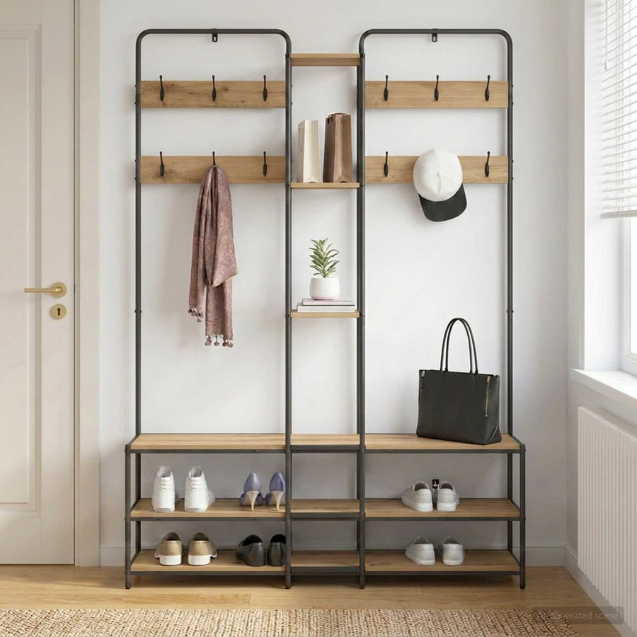 Kapstok met schoenenbank Artisanaal eiken 143 x 30 x 199,5 cm