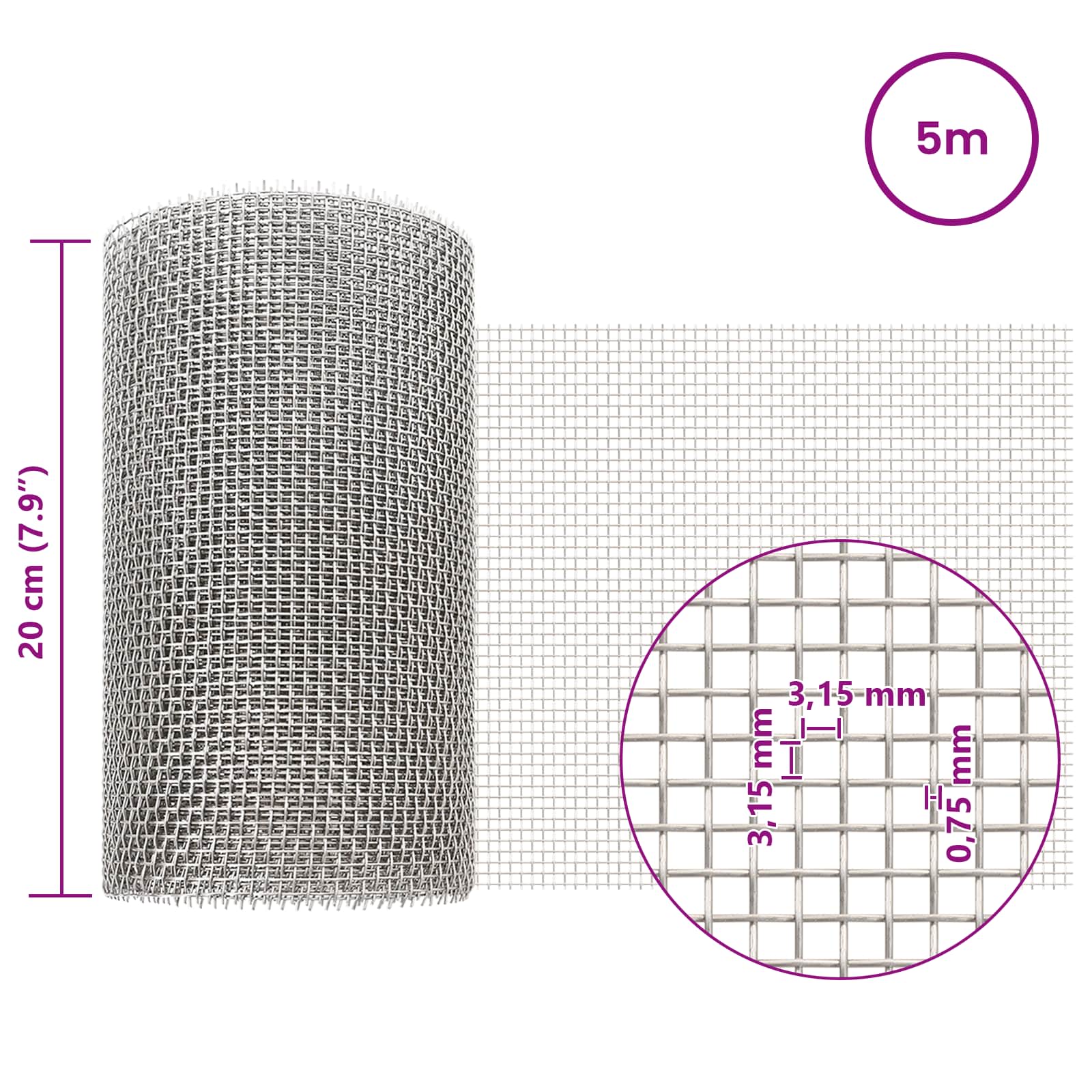 Gaas Scherm 20 x 500 cm 6 Mesh RVS 201 Zilverkleurig