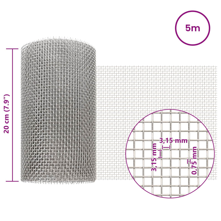 Gaas Scherm 20 x 500 cm 6 Mesh RVS 201 Zilverkleurig