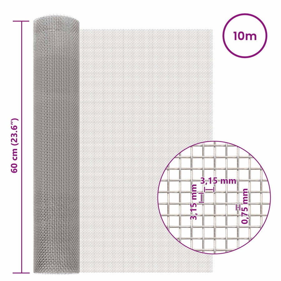 Gaas Scherm 60 x 1000 cm 6 Mesh RVS 201 Zilverkleurig