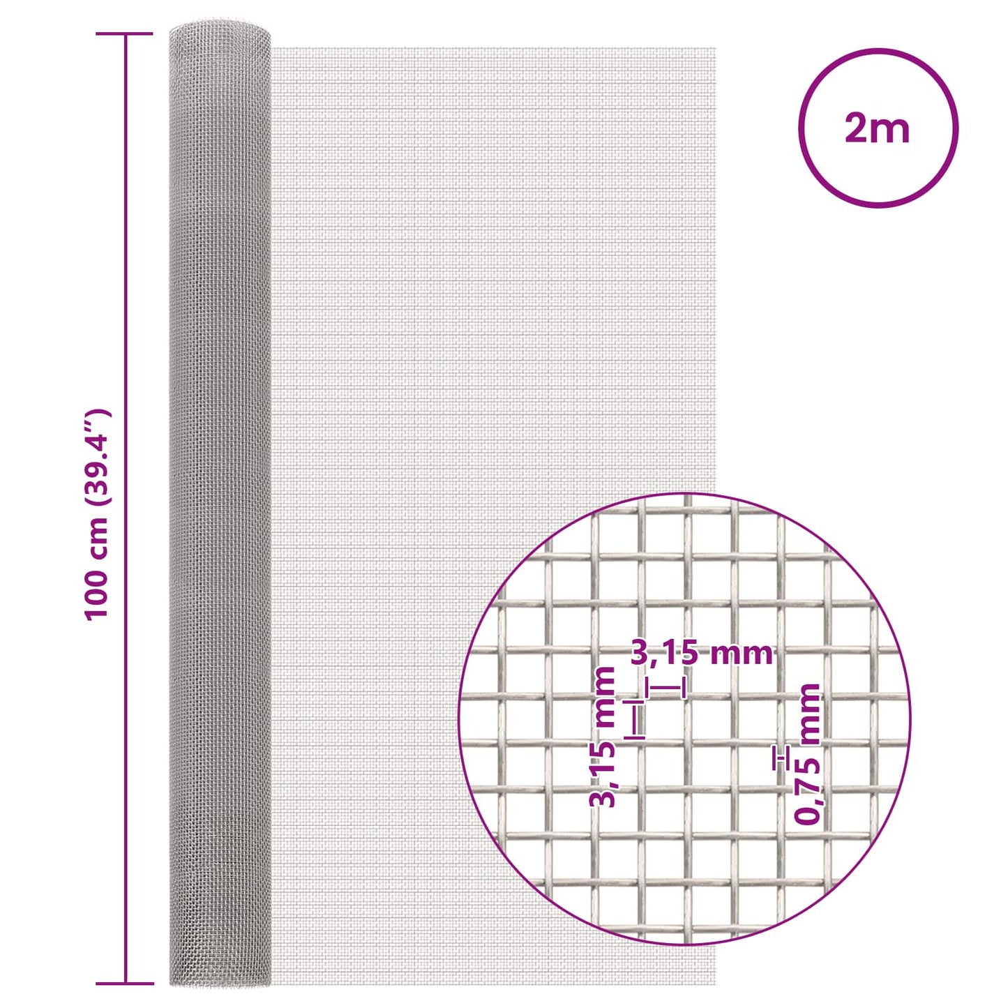 Gaas Scherm 100 x 200 cm 6 Mesh RVS 201 Zilverkleurig