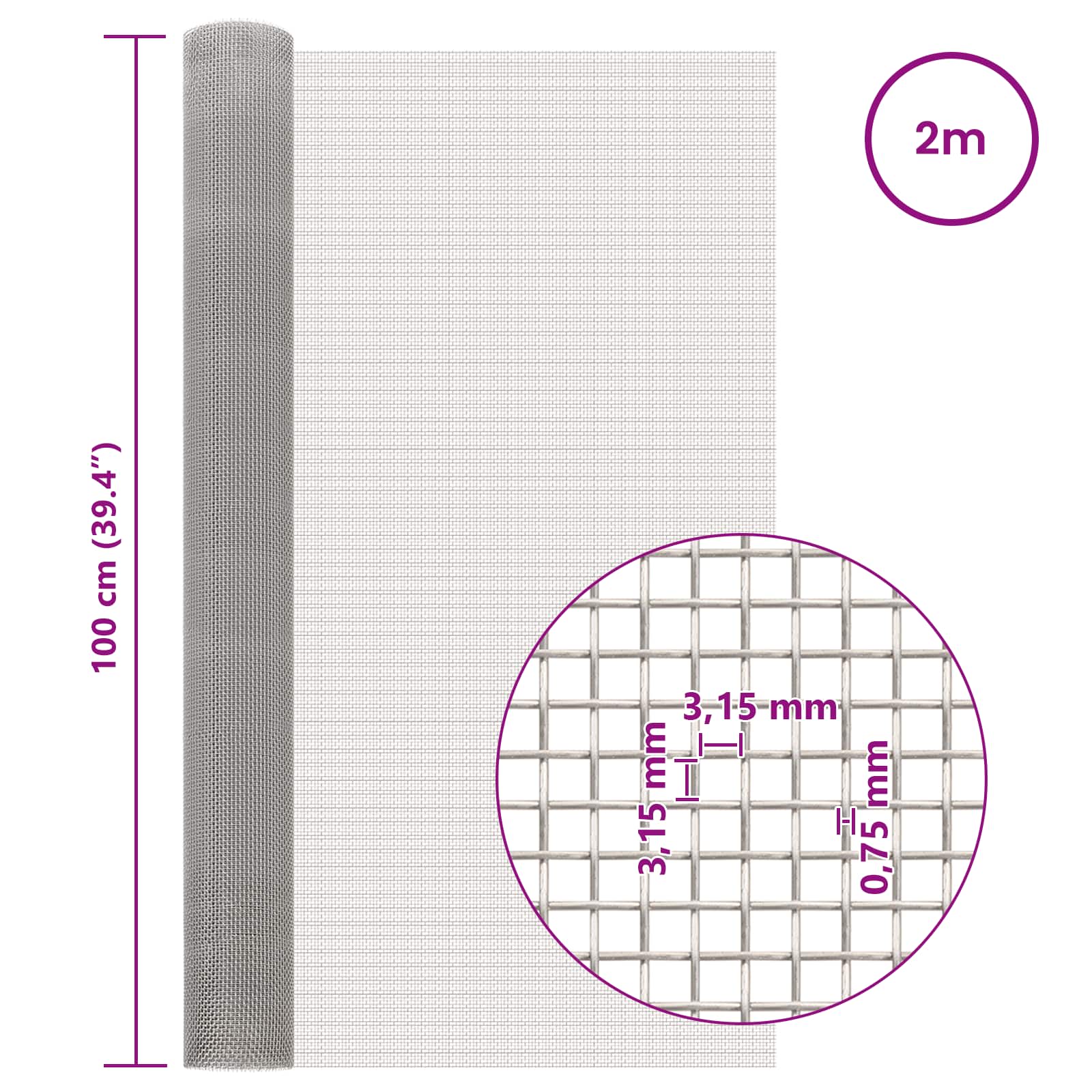 Gaas Scherm 100 x 200 cm 6 Mesh RVS 201 Zilverkleurig