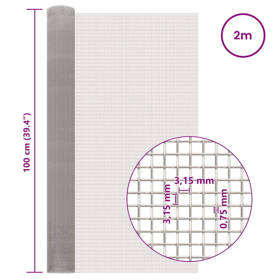 Gaas Scherm 100 x 200 cm 6 Mesh RVS 201 Zilverkleurig