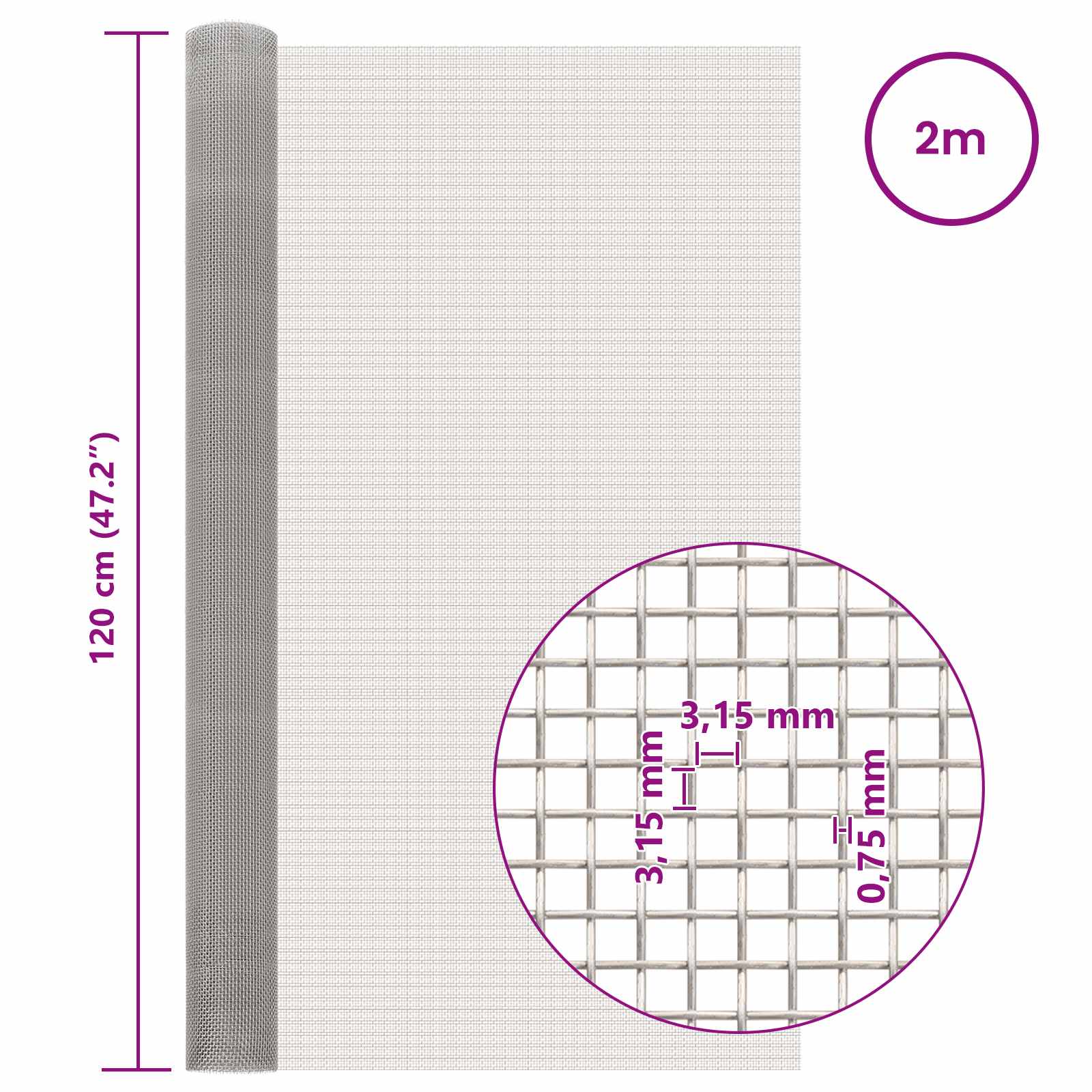 Gaas Scherm 120 x 200 cm 6 Mesh RVS 201 Zilverkleurig