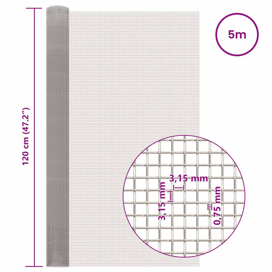Gaas Scherm 120 x 500 cm 6 Mesh RVS 201 Zilverkleurig