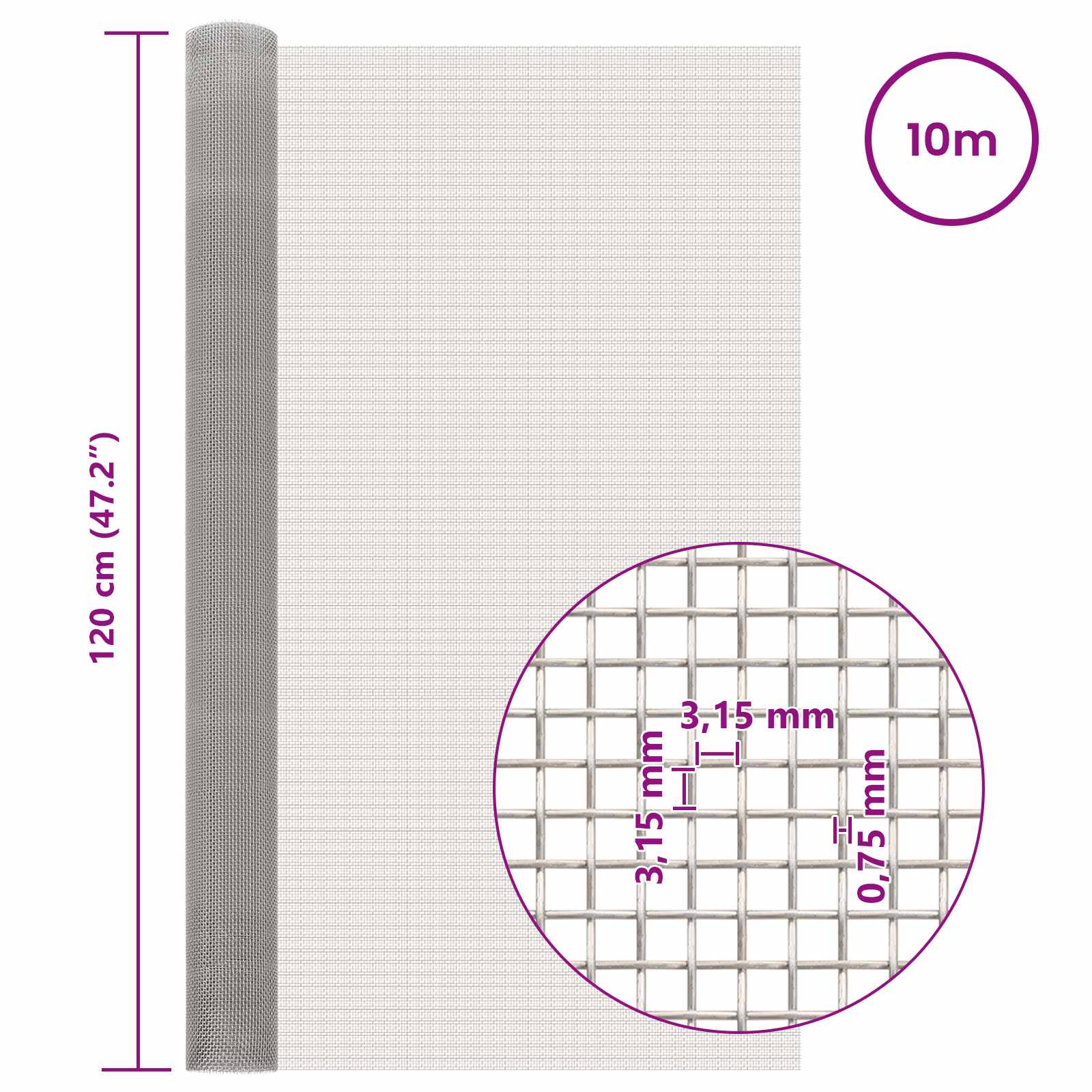Gaas Scherm 120 x 1000 cm 6 Mesh RVS 201 Zilverkleurig