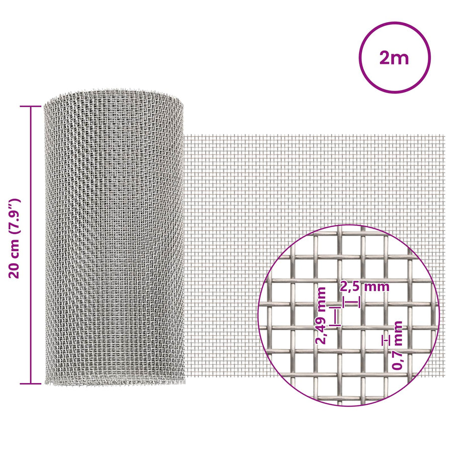 Gaas Scherm 20 x 200 cm 8 Mesh RVS 201 Zilverkleurig