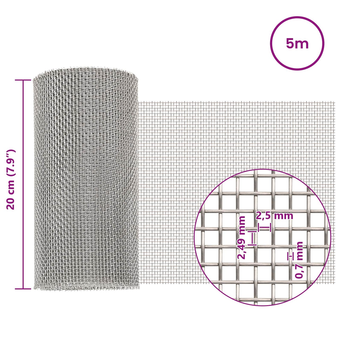 Gaas Scherm 20 x 500 cm 8 Mesh RVS 201 Zilverkleurig