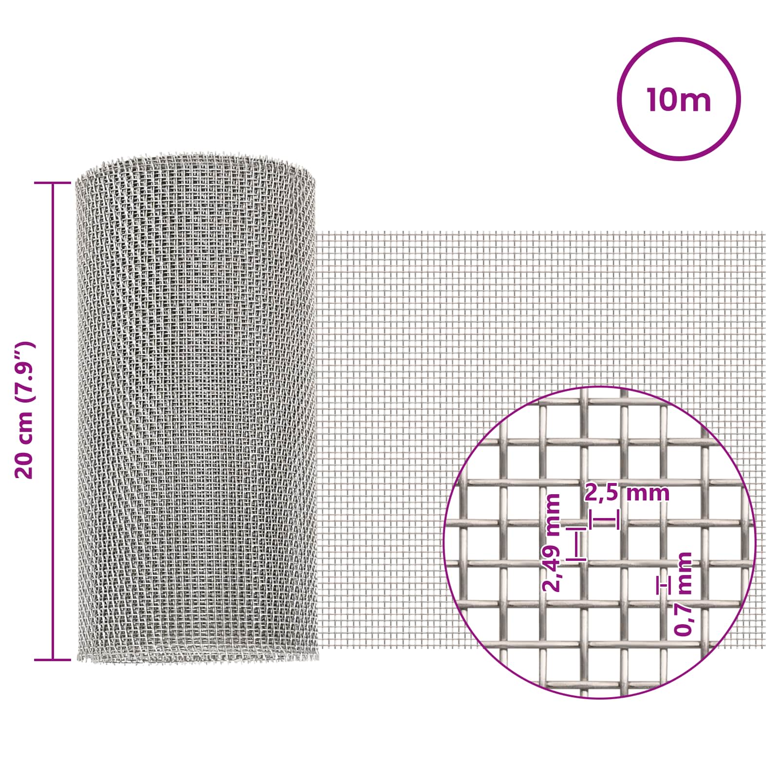 Gaas Scherm 20 x 1000 cm 8 Mesh RVS 201 Zilverkleurig