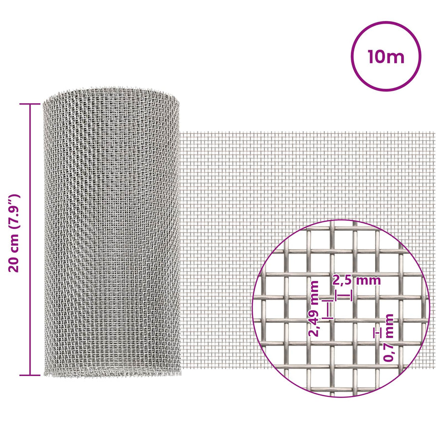 Gaas Scherm 20 x 1000 cm 8 Mesh RVS 201 Zilverkleurig