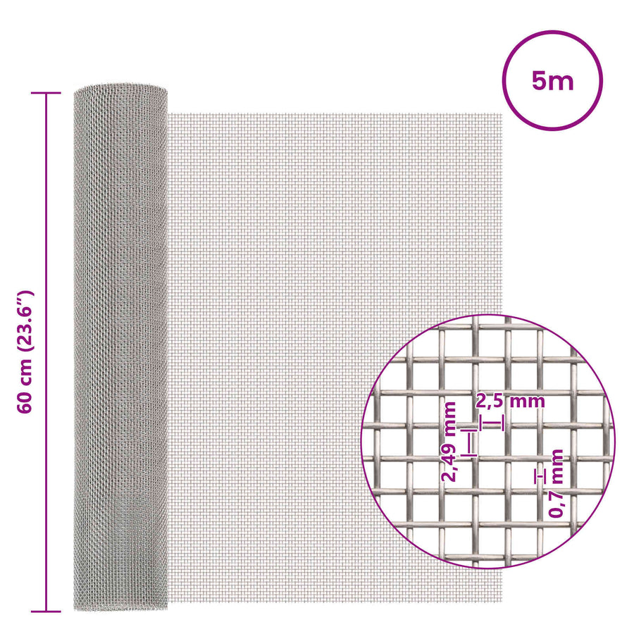 Gaas Scherm 60 x 500 cm 8 Mesh RVS 201 Zilverkleurig