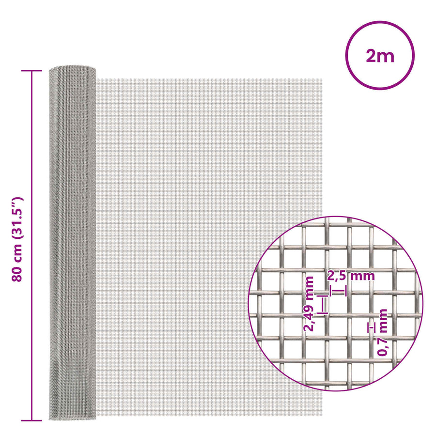 Gaas Scherm 80 x 200 cm 8 Mesh RVS 201 Zilverkleurig