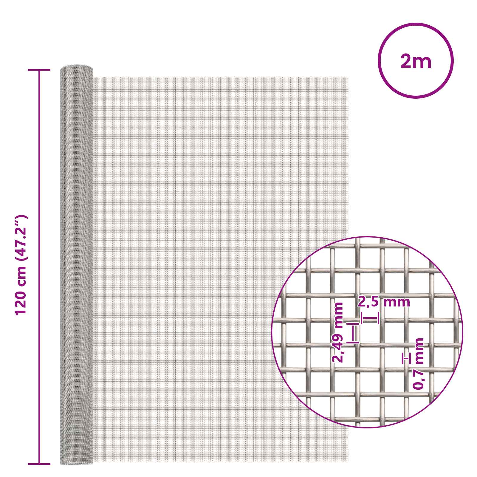 Gaas Scherm 120 x 200 cm 8 Mesh RVS 201 Zilverkleurig