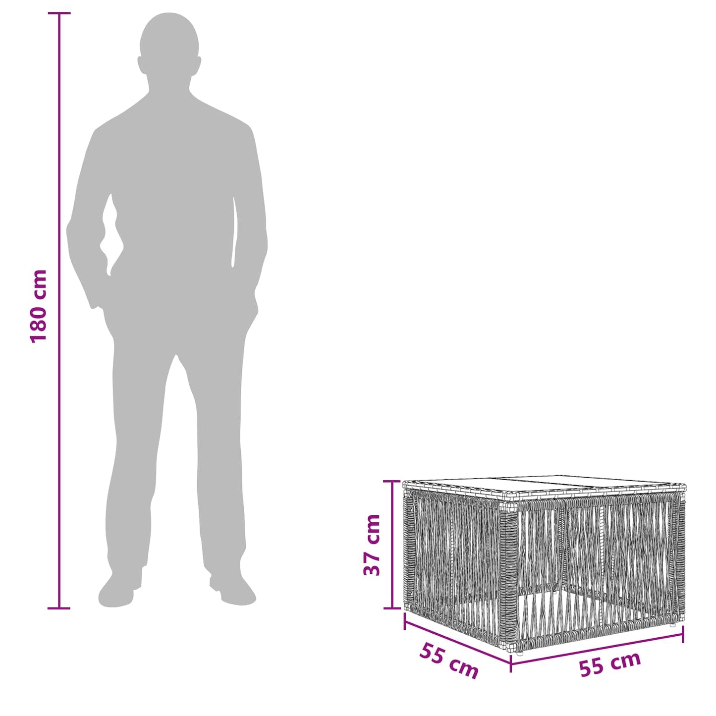 Tuinstafel Grijs en zwart 55 x 55 x 37 cm PE Rattan en Glas