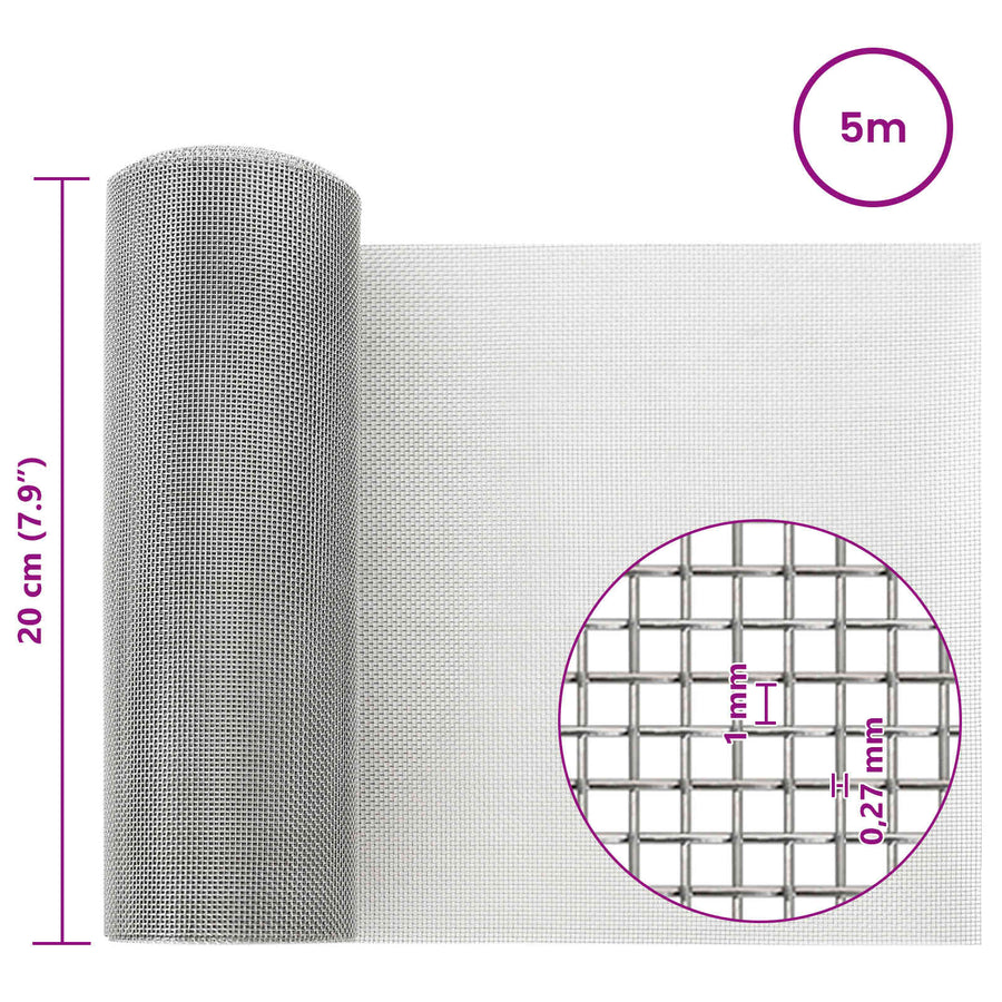 Gaas Scherm 20 x 500 cm 20 Mesh RVS 201 Zilverkleurig