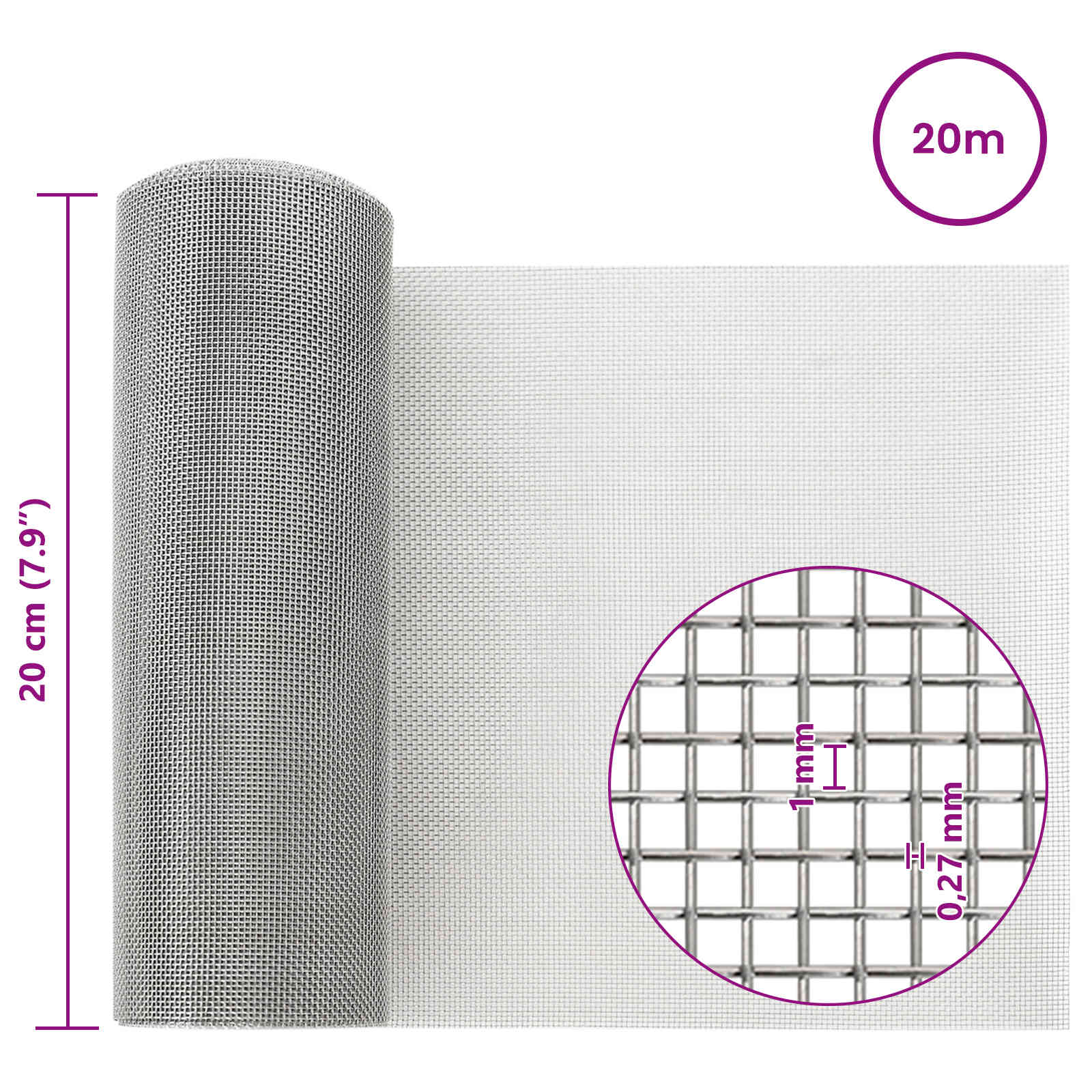 Gaas Scherm 20 x 2000 cm 20 Mesh RVS 201 Zilverkleurig
